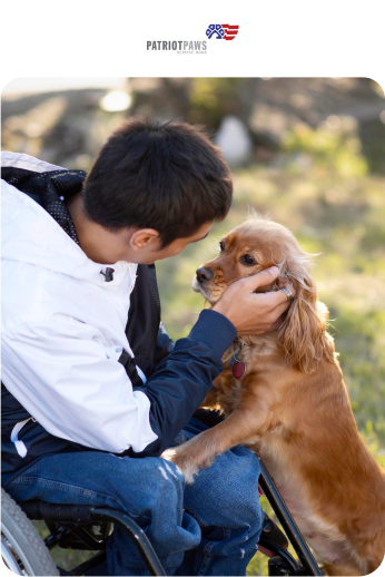 image of a man on a wheelchair petting a dog